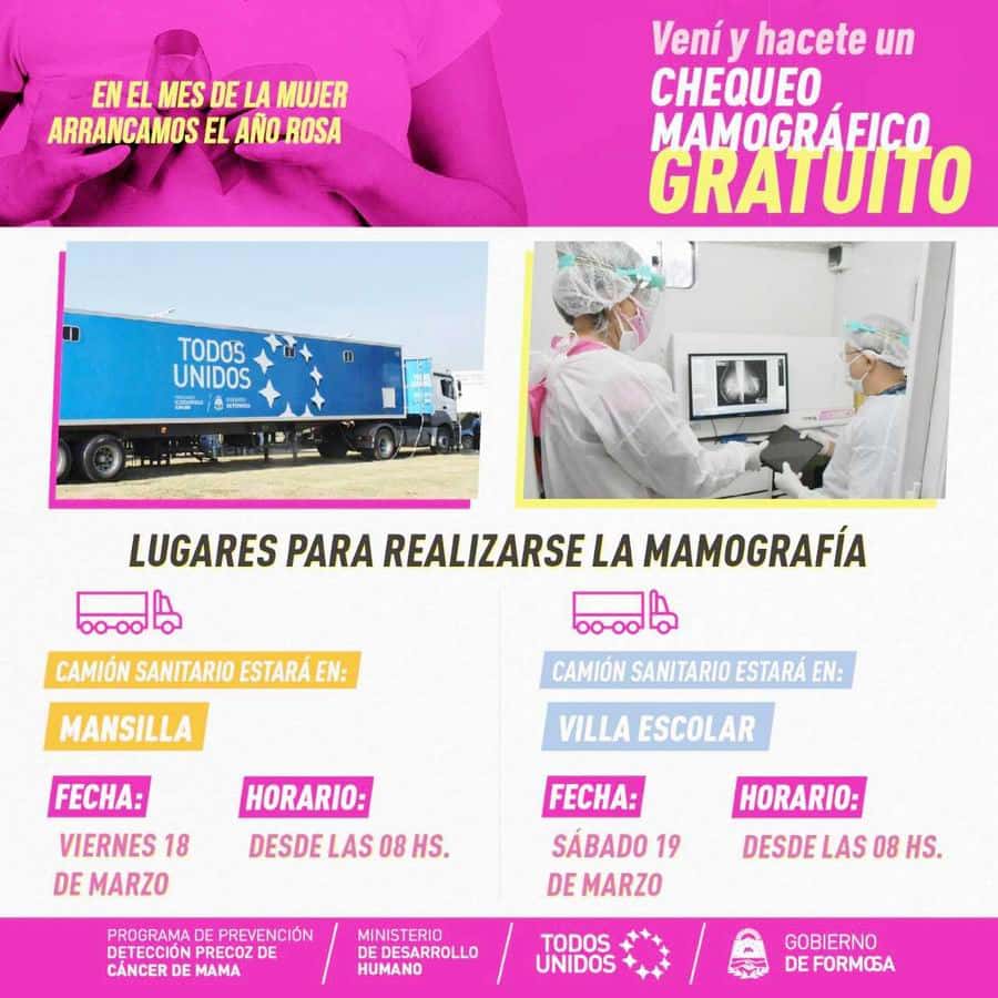 Mamografías gratuitas: camión 
sanitario en Mansilla y Villa Escolar